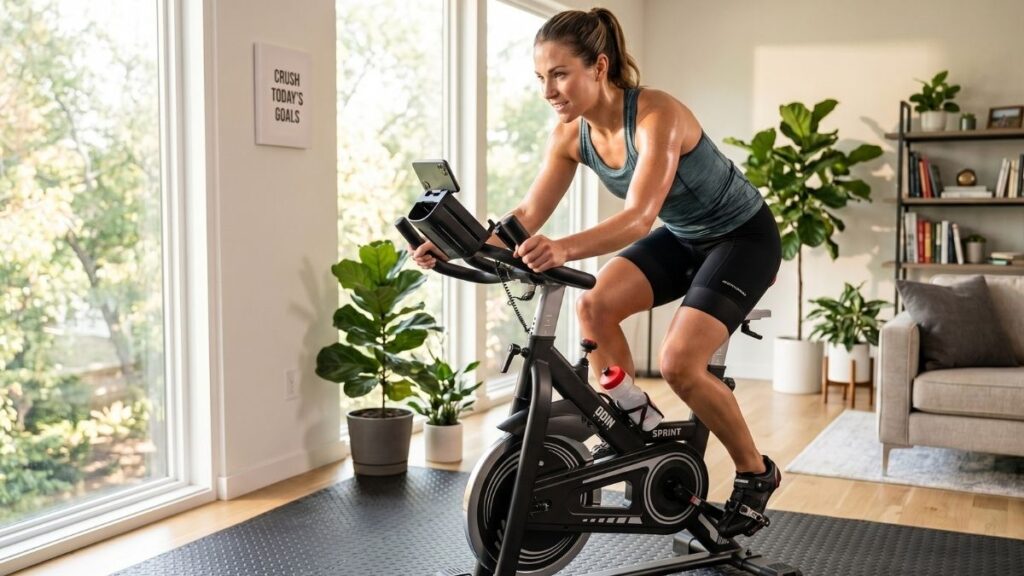pessoa treinando em bicicleta de spinning em casa moderna demonstrando benefícios de saúde e condicionamento físico