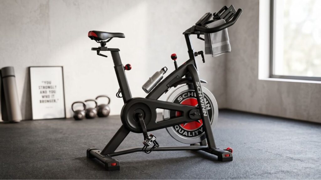bicicleta de spinning moderna em ambiente indoor mostrando equipamento de treino cardiovascular para casa