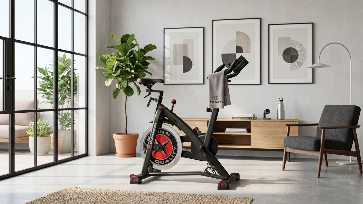 bicicleta de spinning moderna em sala de casa iluminada