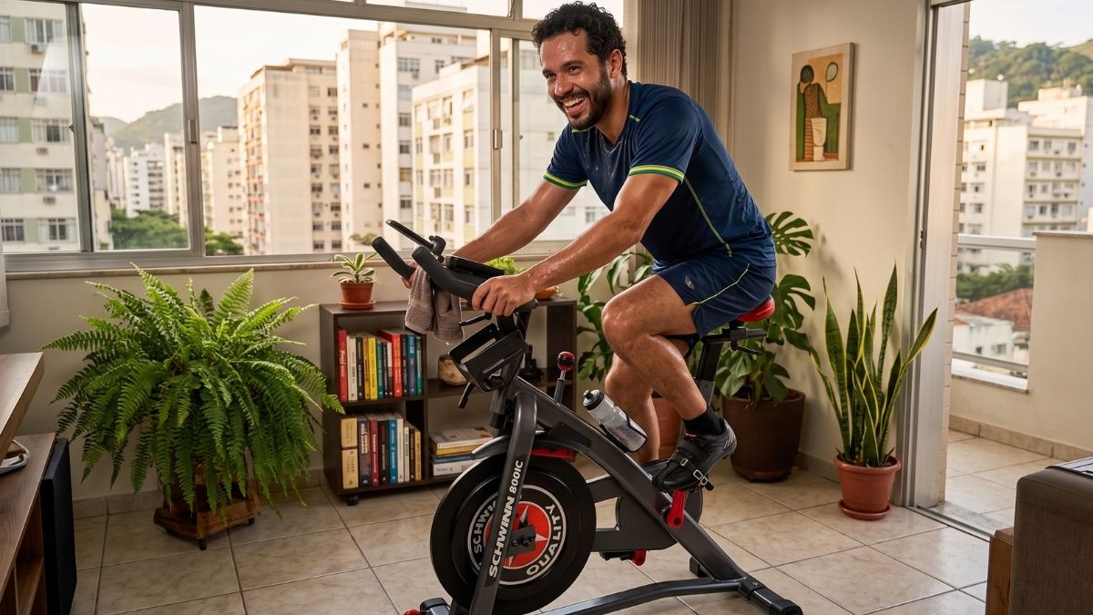 Homem utilizando a Bicicleta Spinning Schwinn IC4/800IC em um apartamento