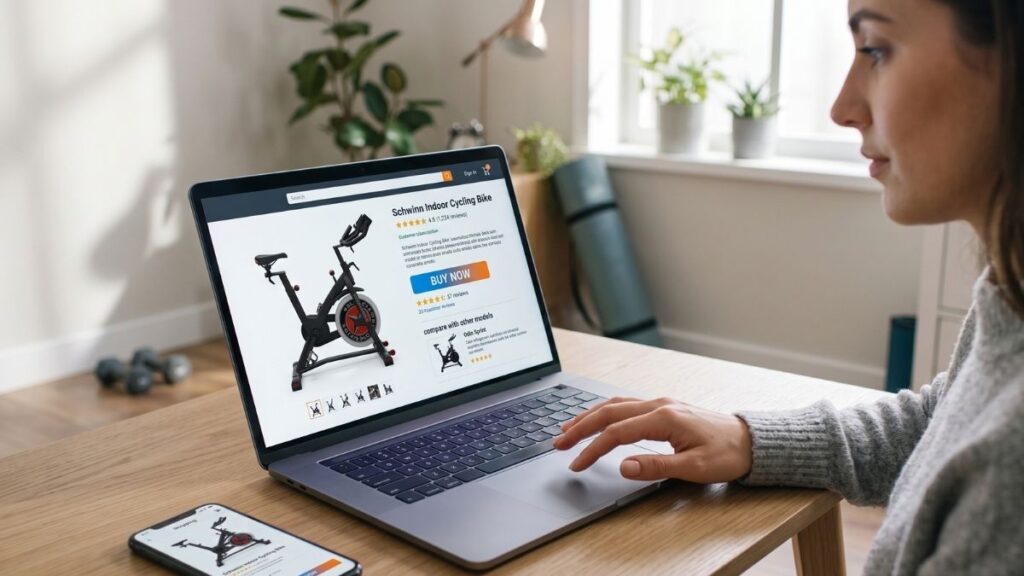 usuário escolhendo e comprando bicicleta de spinning online em site de e-commerce em casa