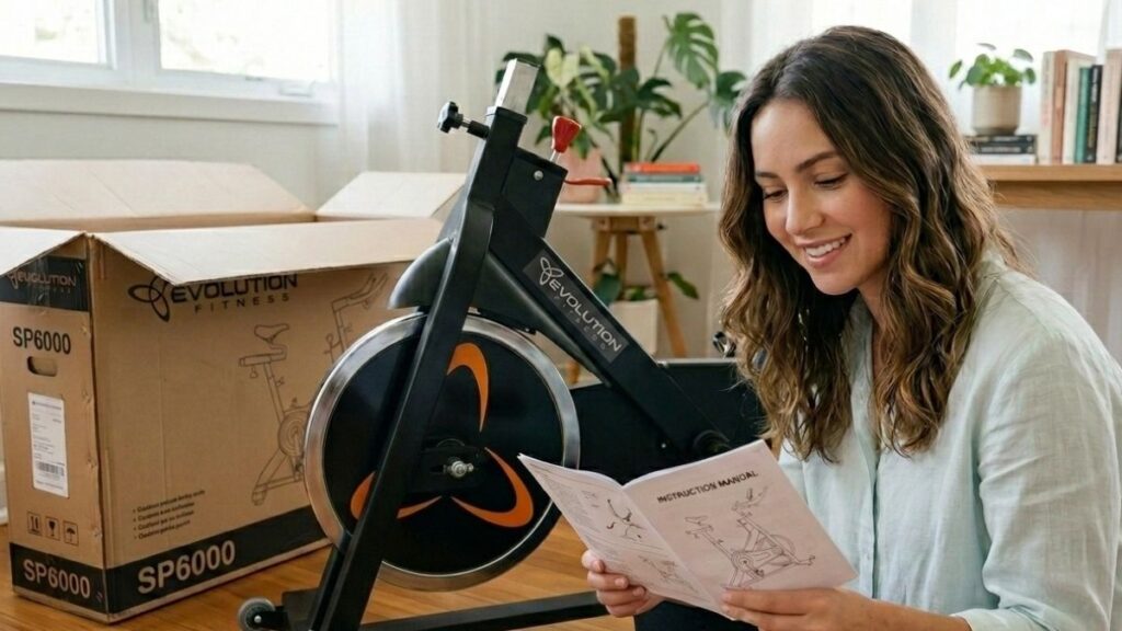 Unboxing e peças da Bike WCT Fitness 13kg organizadas no chão para montagem residencial