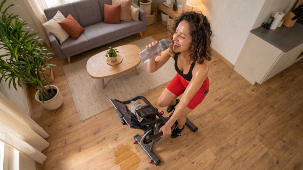 Mulher depois de uma aula on-line de spinning