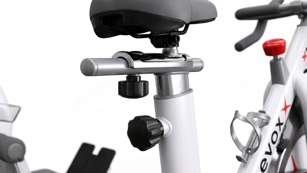 Zoom nas alavancas de ajuste e no canote do selim de uma bicicleta ergométrica, evidenciando as áreas de aperto e fricção.