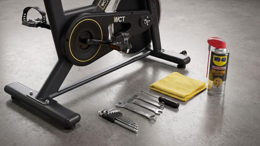 Ferramentas de manutenção básica e lubrificantes organizados ao lado de uma bicicleta de spinning, mostrando o cuidado com o equipamento.