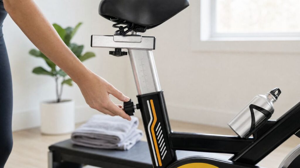 Ajuste ergonômico correto do selim ao treinar como emagrecer usando uma bicicleta ergométrica de spinning.
