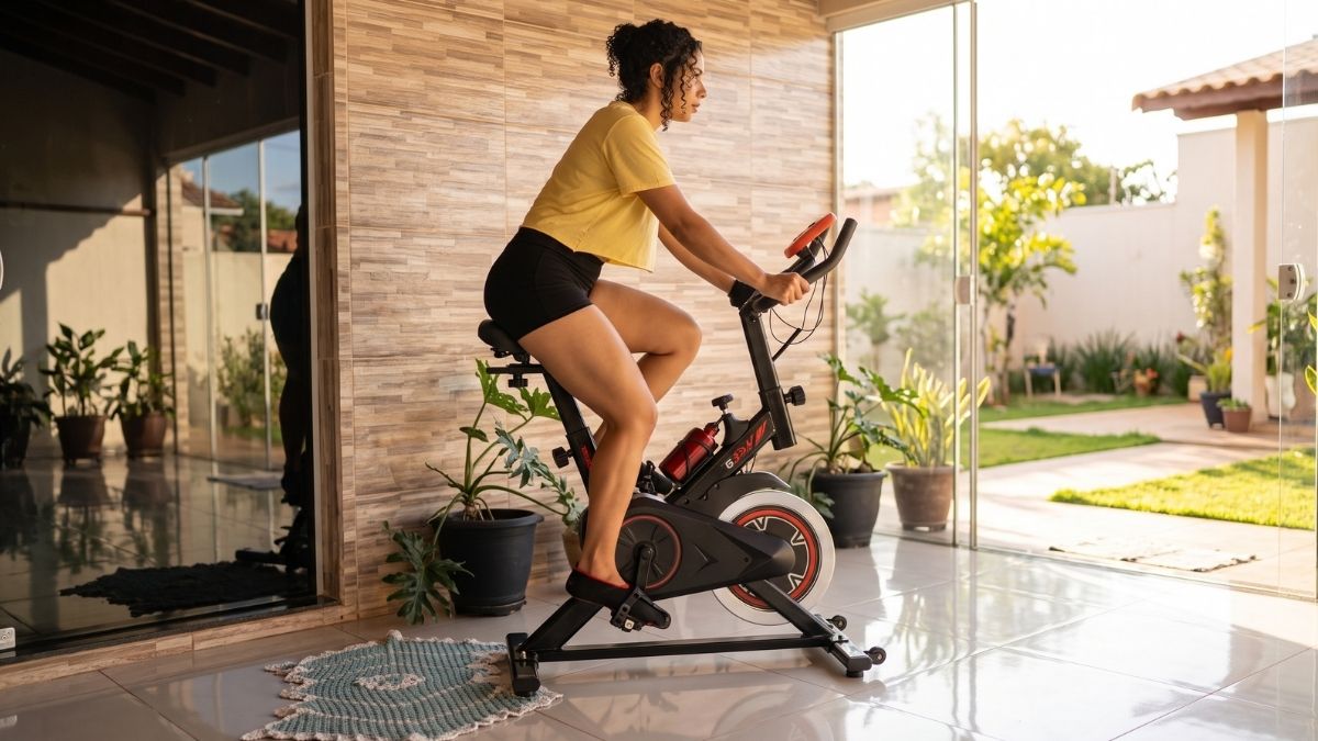 Bicicleta Ergométrica Spinning Sevenfit EPS-988 nas cores preta e amarela, montada e pronta para treinos residenciais