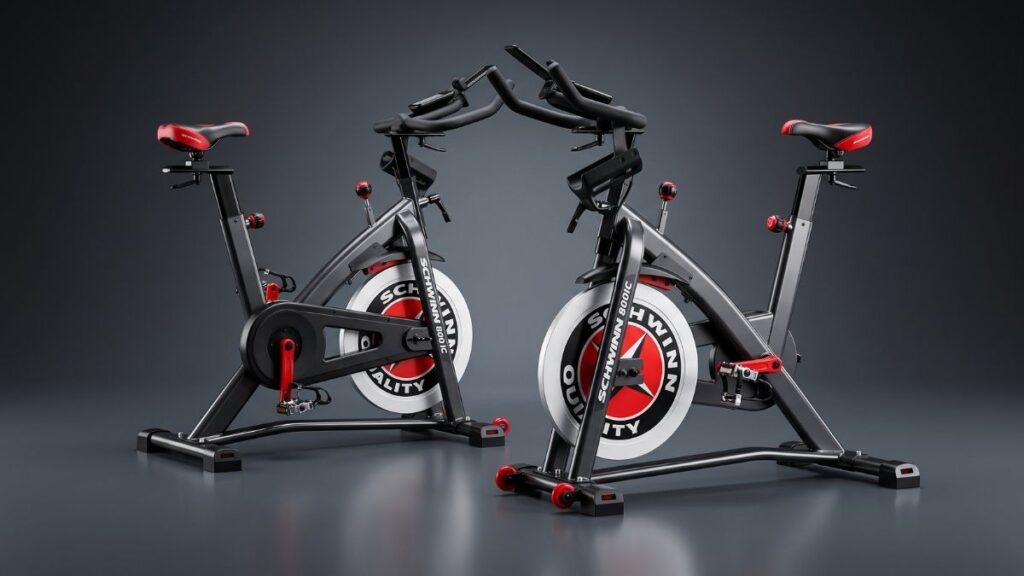 Comparativo entre as bicicletas de spinning Schwinn IC3 e IC4 sobre fundo escuro com iluminação de estúdio