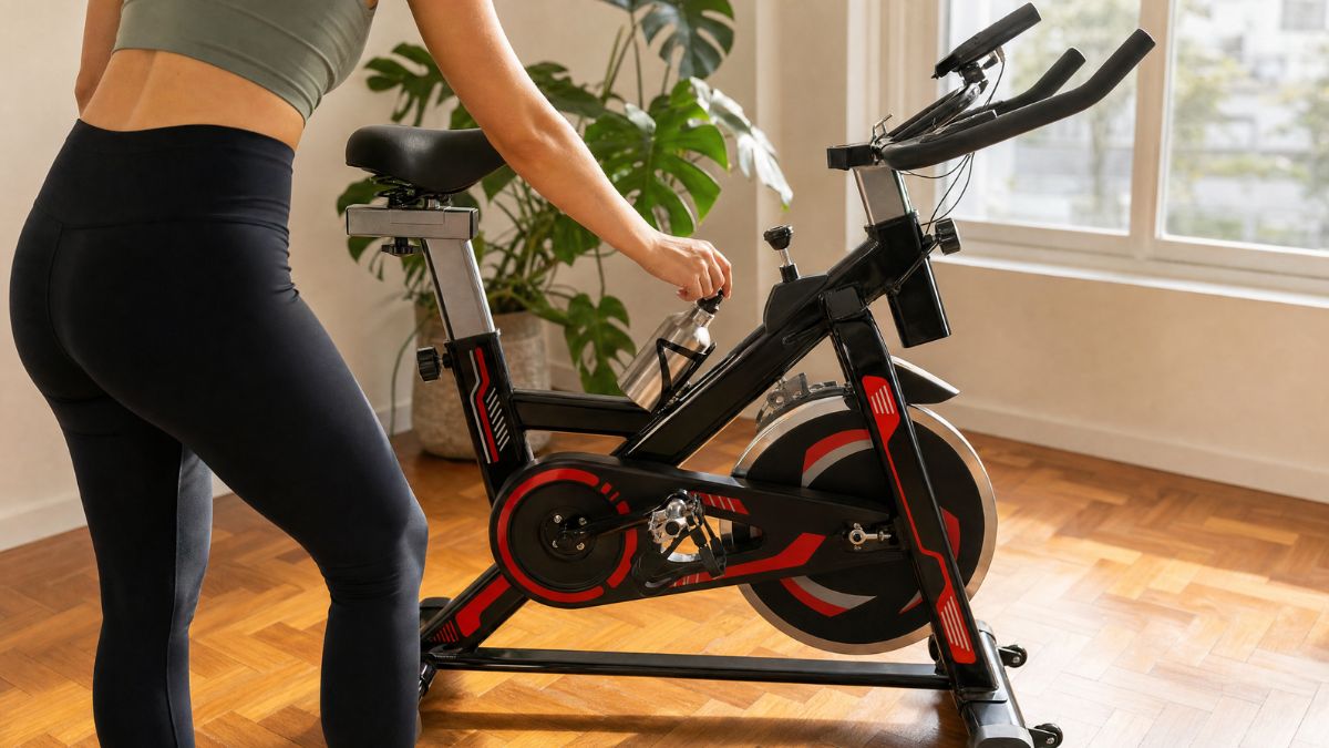 Praticante ajustando a carga ao aprender como emagrecer usando uma bicicleta ergométrica de spinning em casa.