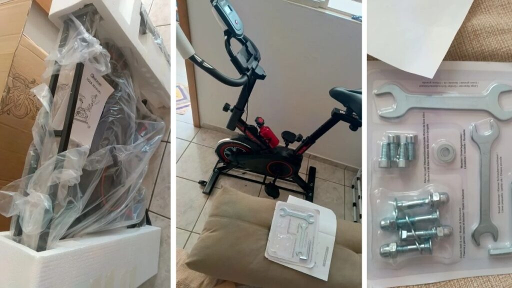 Peças e ferramentas da Bicicleta Sevenfit espalhadas durante o processo de montagem.