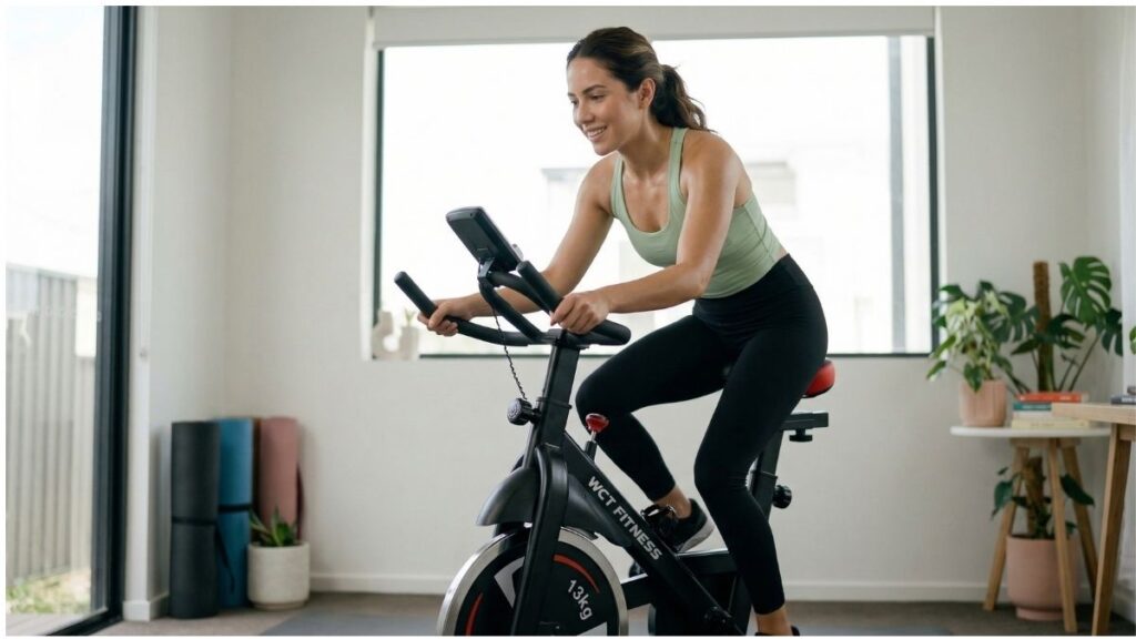 Mulher usando uma bicicleta de spinning residencial