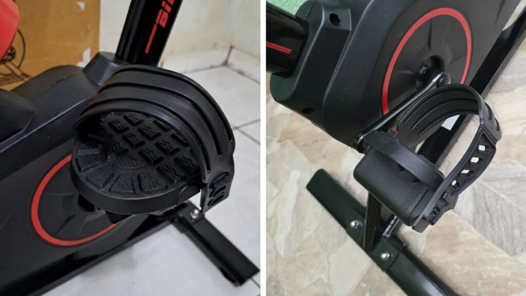 Visão em close do pedal da bicicleta de spinning Sevenfit EPS-988, destacando as alças de fixação para os pés.