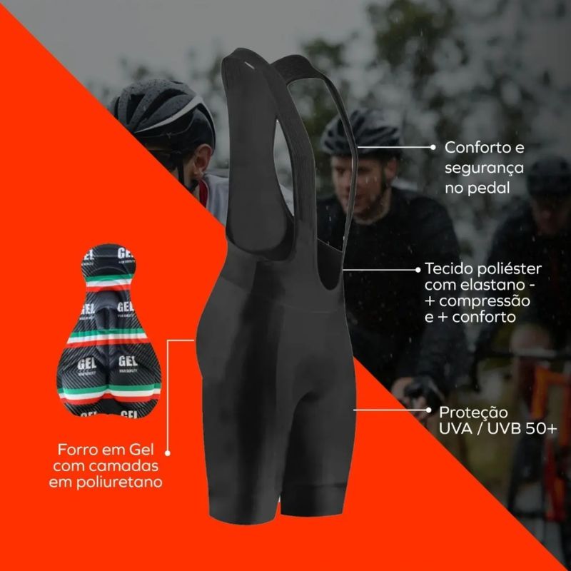 Bermuda Ciclismo Bretelle Pro Gel Masculino vista de frente destacando o corte anatômico