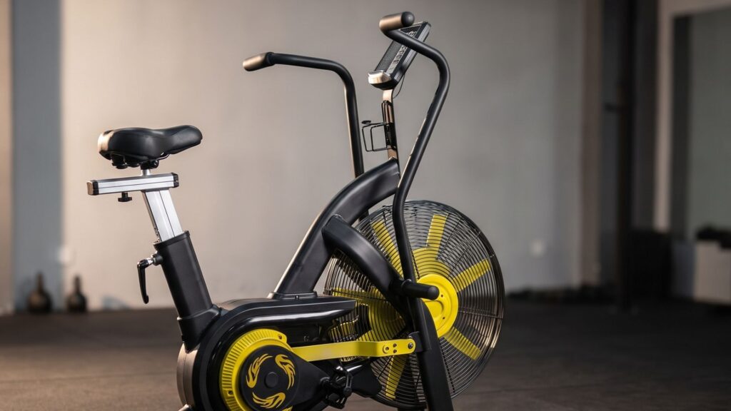 Bicicleta ergométrica Air Bike DOAF Profissional preta em ambiente de treino funcional