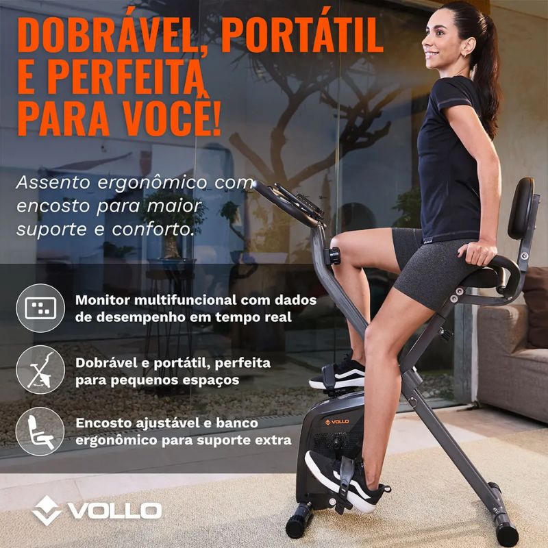 Bicicleta ergométrica dobrável Vollo X-Bike XB1-R preta em ângulo frontal.