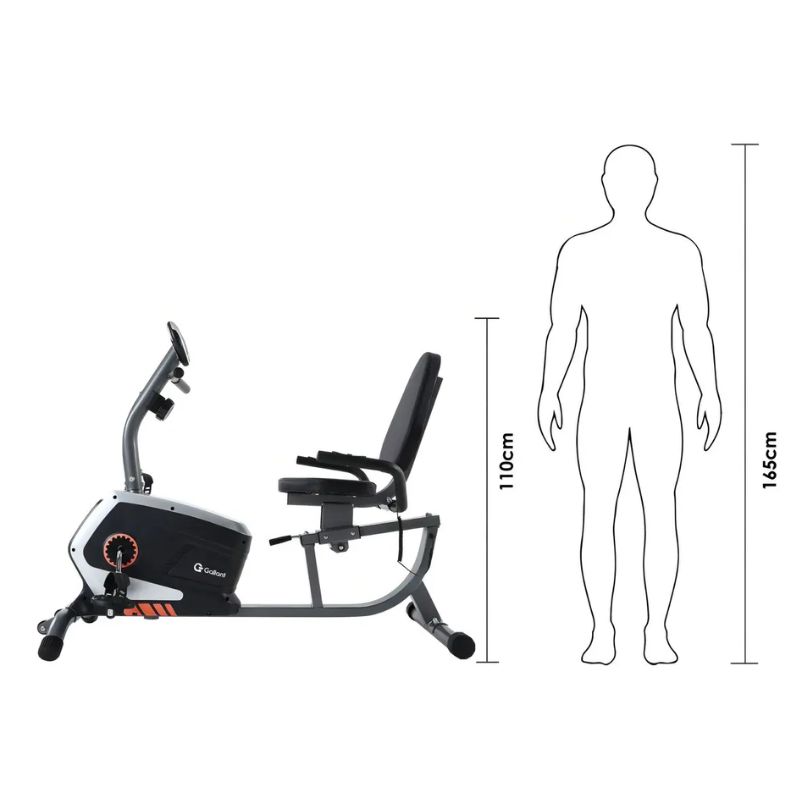 Bicicleta ergométrica horizontal Gallant Elite Pro magnética preta em ângulo lateral.