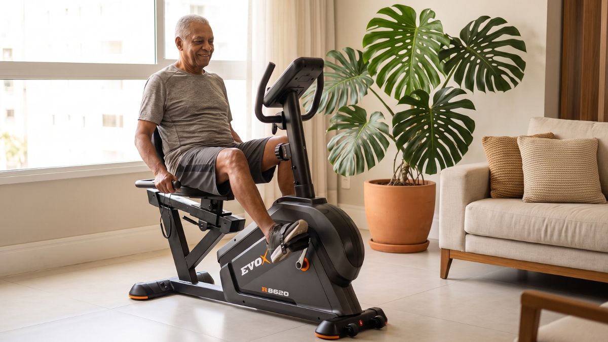 Idoso brasileiro pedalando em bicicleta ergométrica horizontal com encosto em casa