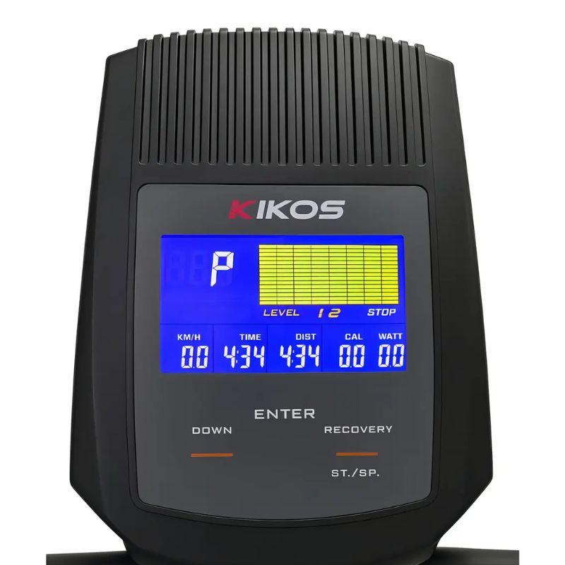 Painel LCD multifuncional da bicicleta ergométrica Kikos KR9.1 com métricas de treino