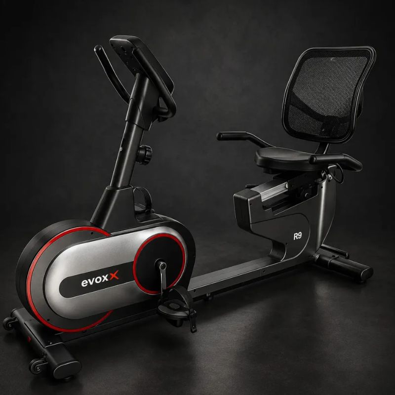 Bicicleta ergométrica horizontal magnética Evox Delux R9 vista lateral completa