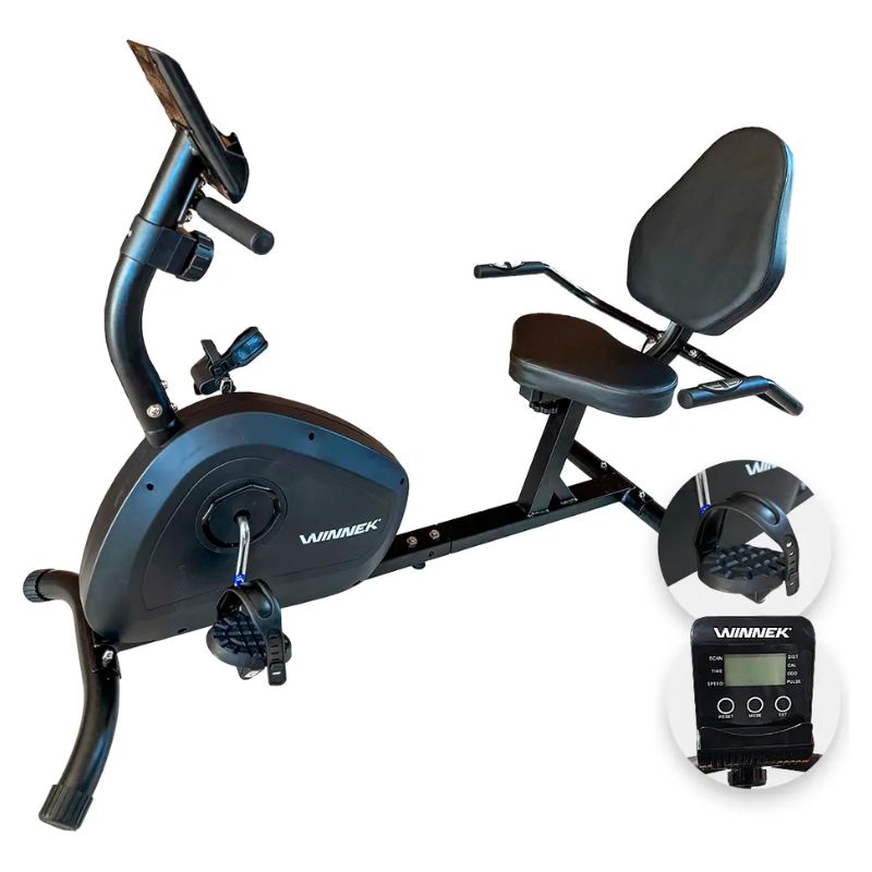 Bicicleta ergométrica horizontal magnética Winnek com monitor digital e assento ajustável.