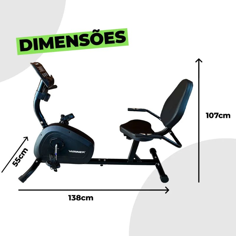 Estrutura em aço e encosto anatômico da bicicleta ergométrica horizontal Winnek.