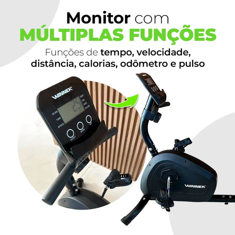 Painel monitor digital da bicicleta ergométrica horizontal Winnek mostrando métricas de treino.