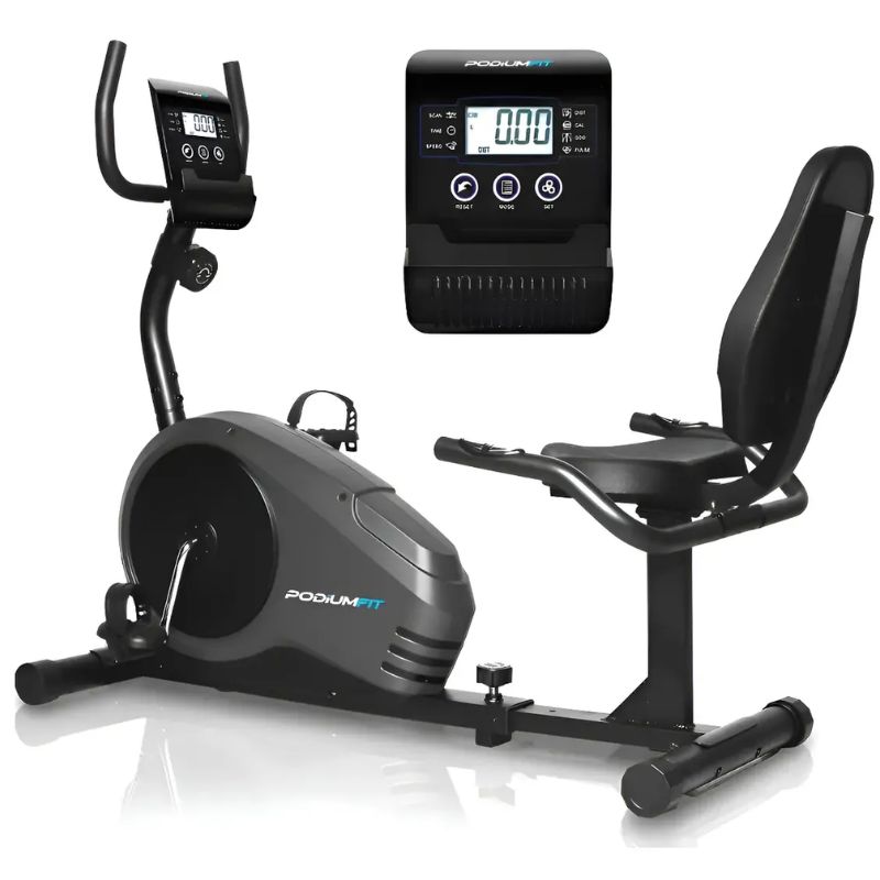 Detalhe do painel digital da bicicleta ergométrica horizontal PodiumFit H300