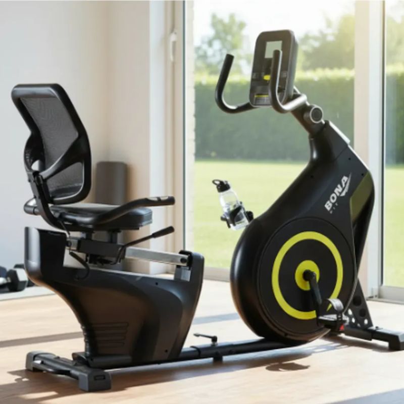 Bicicleta ergométrica horizontal Prime Comfort Bonafit preta vista lateral