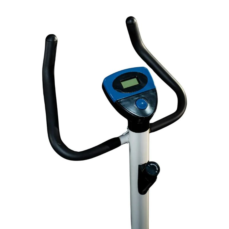 Bicicleta ergométrica vertical WCT Fitness cinza vista lateral completa
