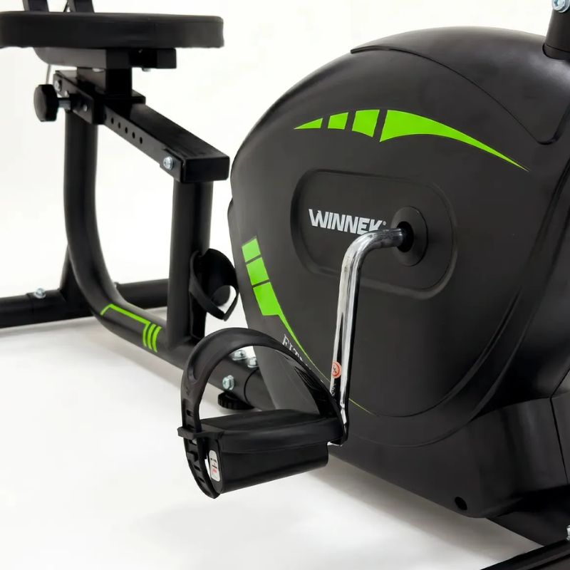 Bicicleta ergométrica horizontal magnética Winnek Horizon Max em ângulo de perfil.