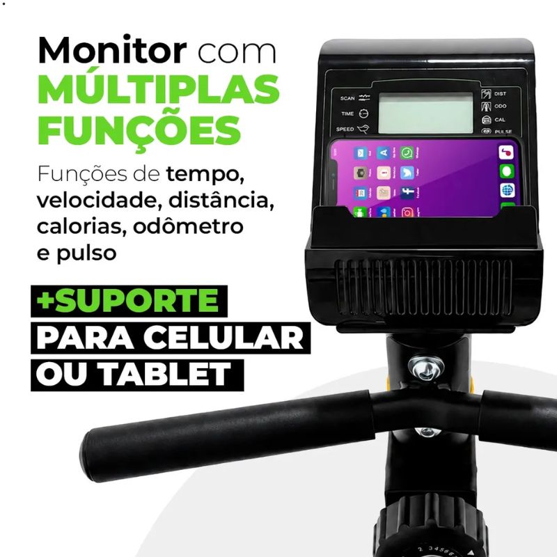 Monitor digital da bicicleta ergométrica Winnek Horizon Max com suporte para tablet e Bluetooth.