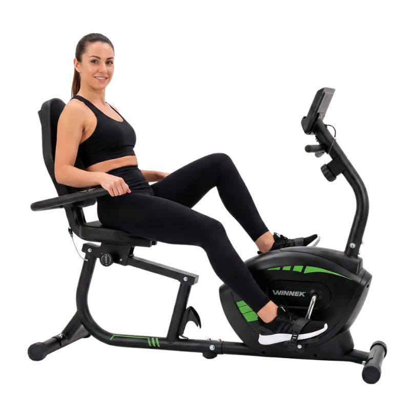 Bicicleta ergométrica horizontal magnética Winnek Horizon Max em ângulo de perfil.
