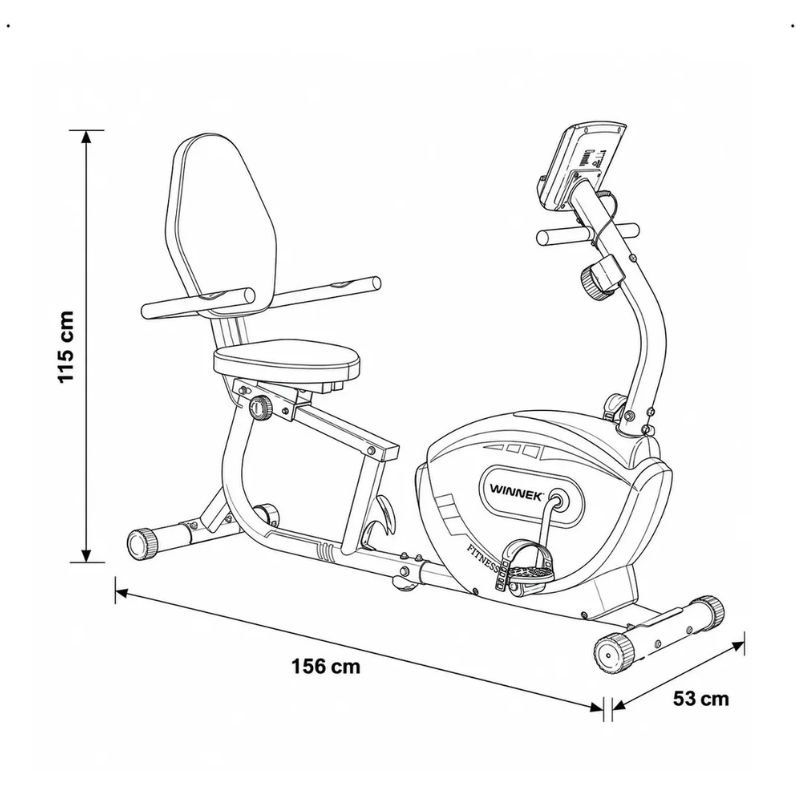 Bicicleta ergométrica horizontal magnética Winnek Horizon Max em ângulo de perfil. Medidas