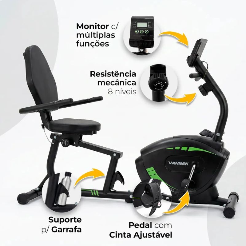 Bicicleta ergométrica horizontal magnética Winnek Horizon Max em ângulo de perfil.