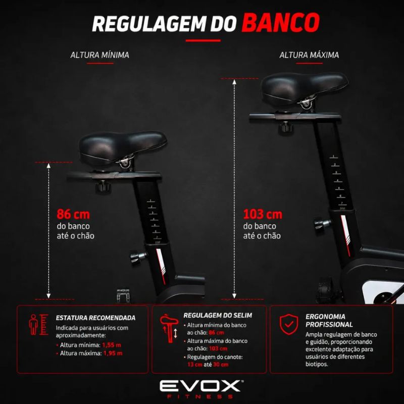 Selim ajustável e estrutura de aço reforçado da bike spinning Evox X1.