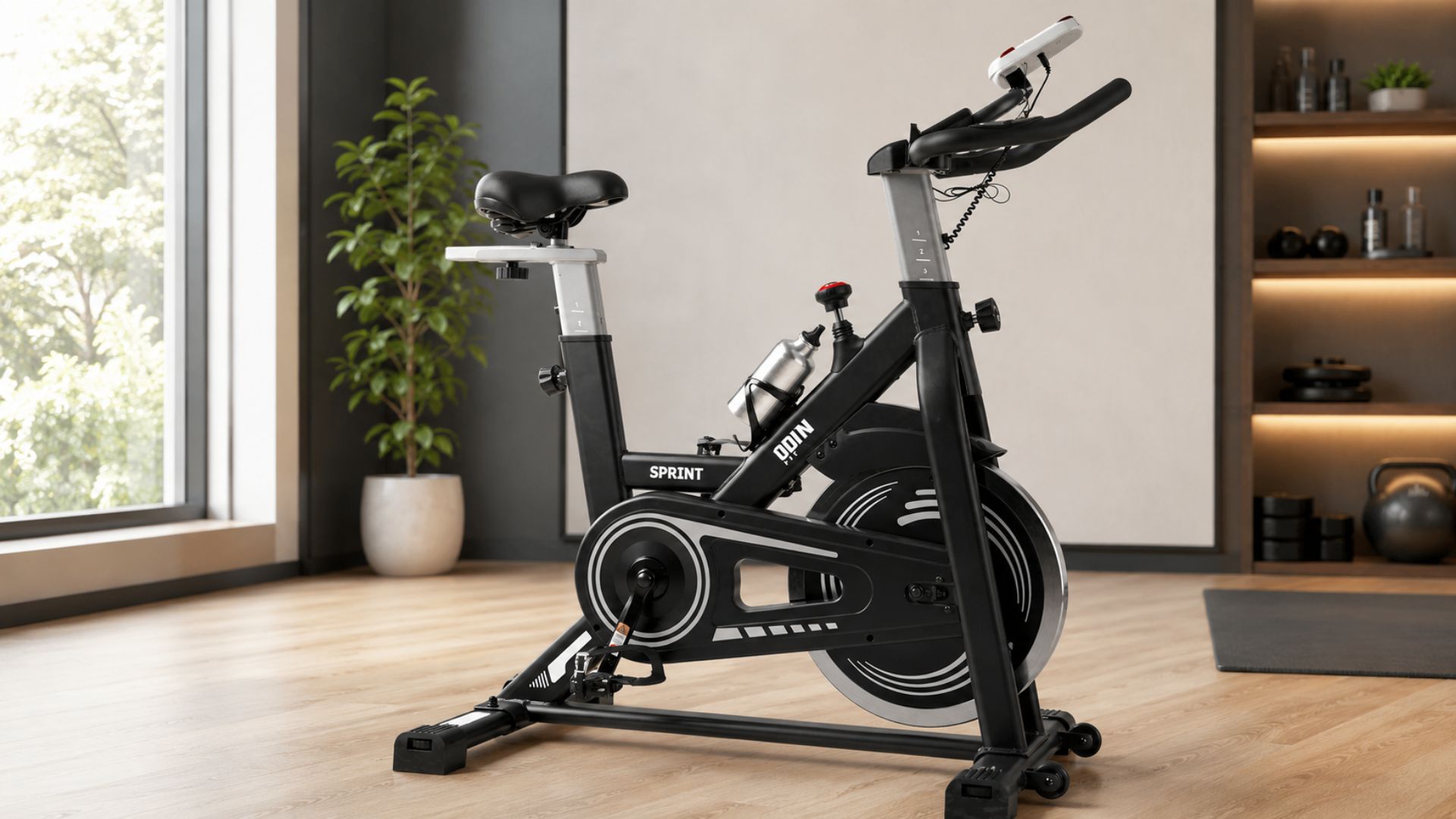 Bicicleta Spinning Sprint Odin Fit com roda de inércia de 13kg posicionada em sala de treino residencial