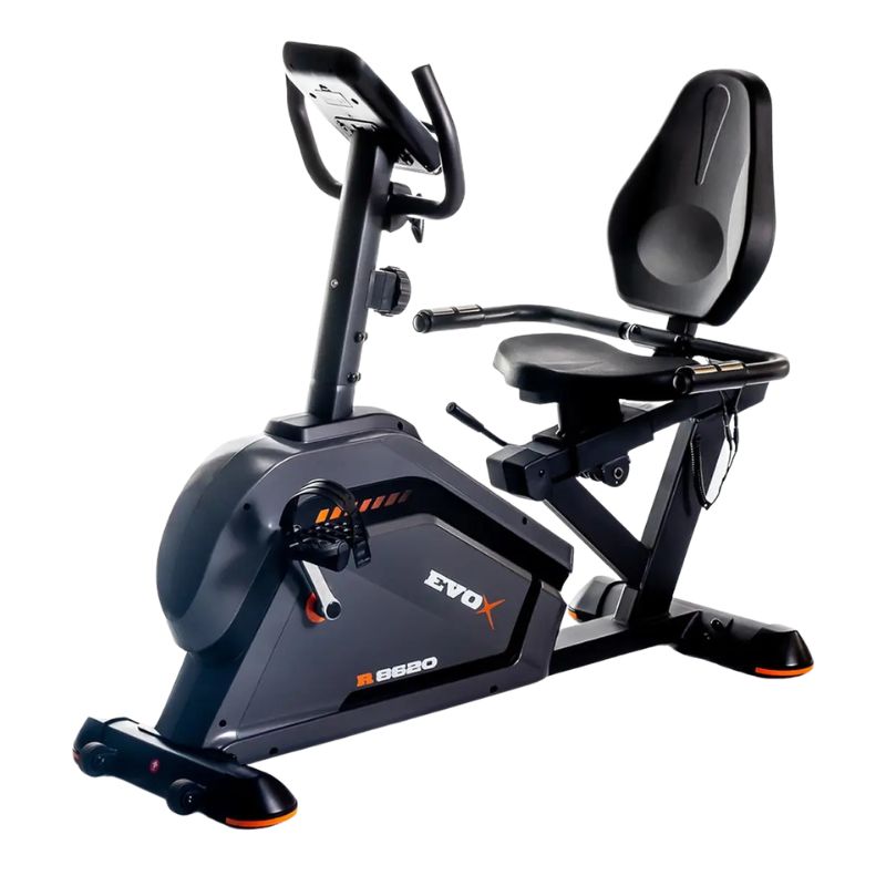 Bike ergométrica horizontal magnética Evox Deluxe R8620 em ângulo frontal completo.