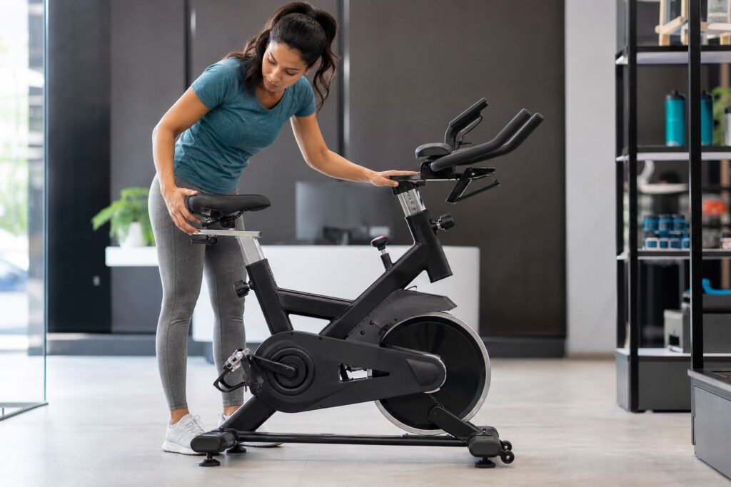 Consumidora verificando os ajustes de uma bicicleta magnética