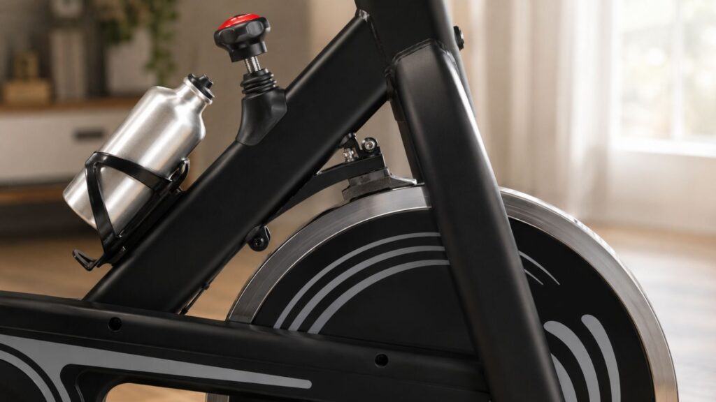 Detalhe do volante de inércia de 13kg e sistema de regulagem da Bicicleta Spinning Sprint Odin Fit