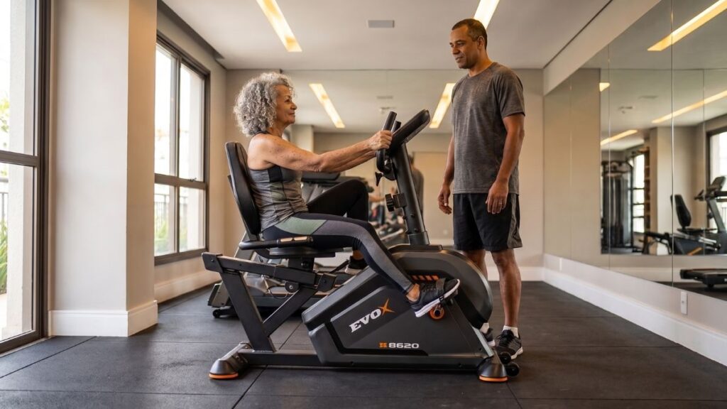 Evox Deluxe R8620 bicicleta ergométrica horizontal magnética em área fitness de condomínio