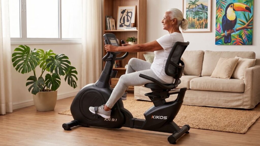 Kikos KR9.1 bicicleta ergométrica horizontal eletromagnética com encosto sendo usada por idosa