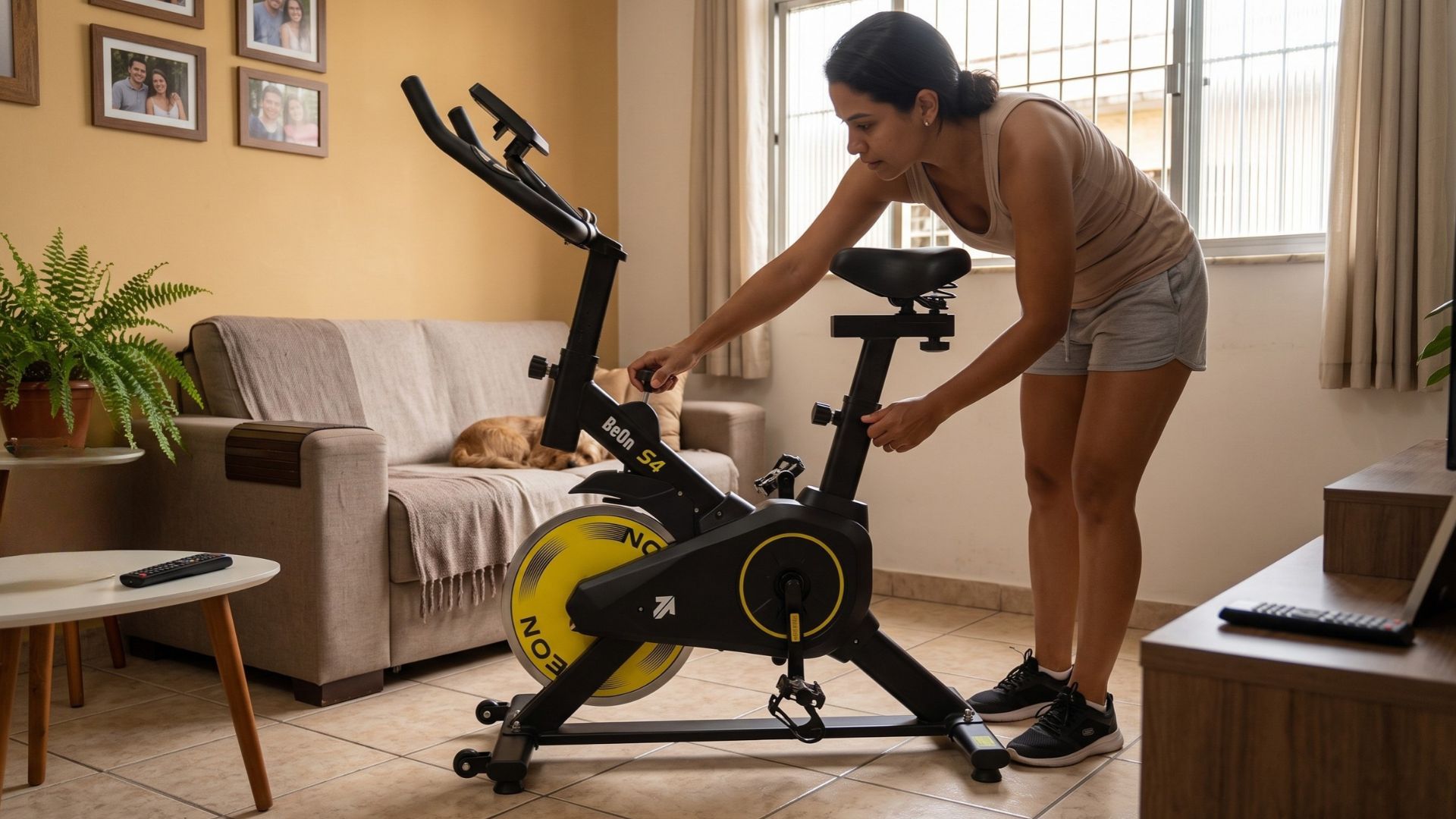 mulher ajustando o guidão de uma bicicleta de spinning de entrada na sala do seu apartamento