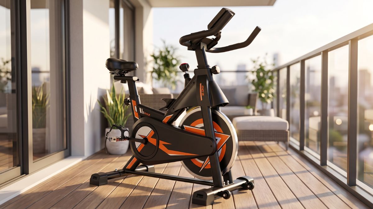 Bicicleta spinning ergométrica GCZ 13kg mecânica em área de treino residencial.
