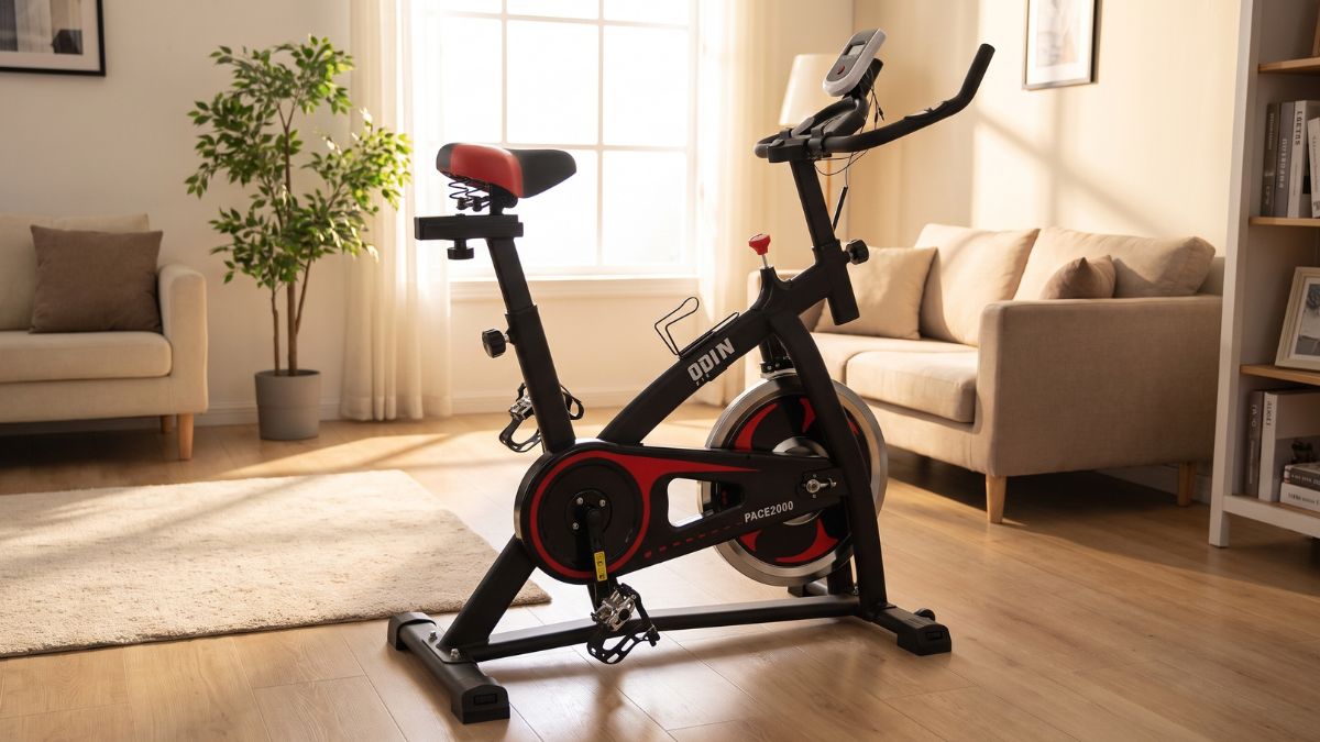 Bicicleta Spinning Odin Fit Pace2000 preta e vermelha montada em ambiente doméstico