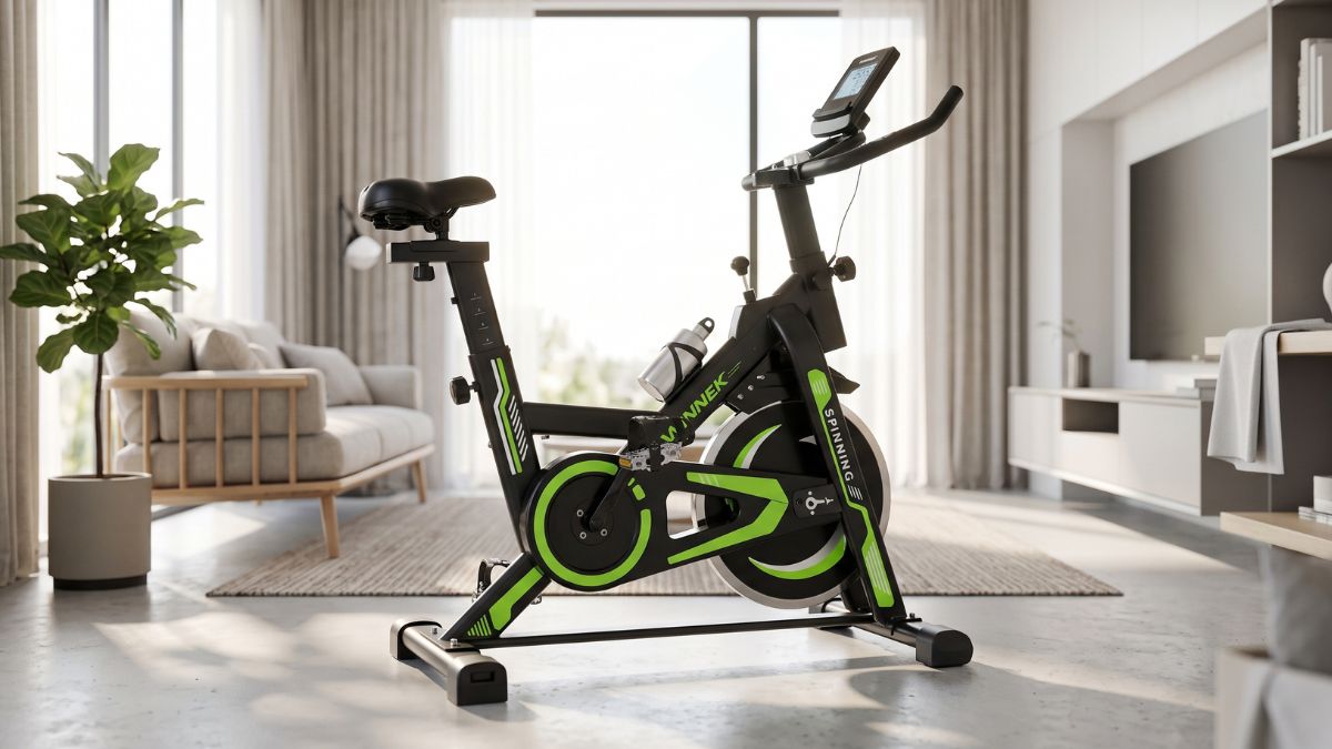 Bicicleta Spinning Winnek 13kg preta e verde em ambiente residencial moderno