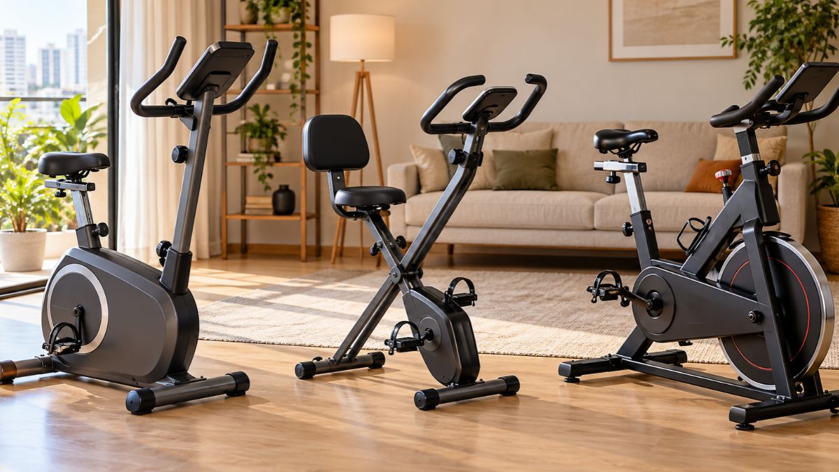 Três bicicletas ergométricas para uso doméstico em uma sala: vertical, dobrável com encosto e spinning