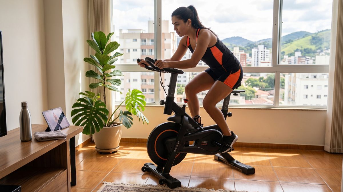 Bicicleta spinning Vollo SF1 preta montada em um ambiente residencial iluminado