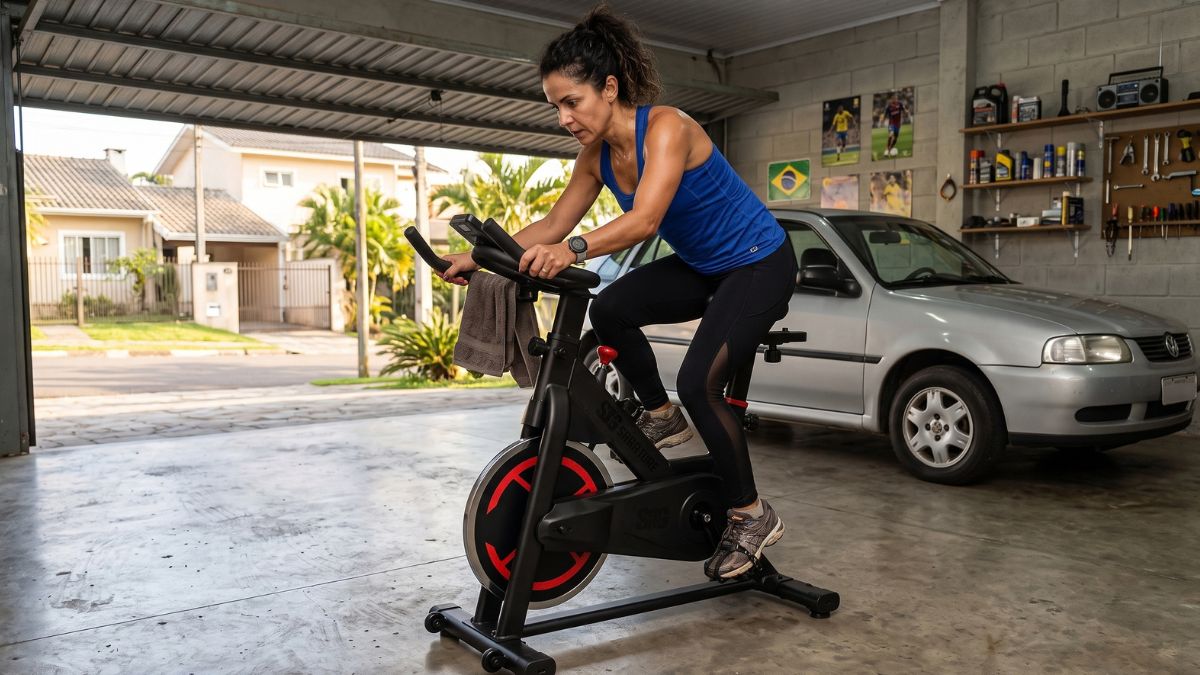 Bicicleta spinning Sagatini Bike Premium preta com detalhes em vermelho em ambiente residencial