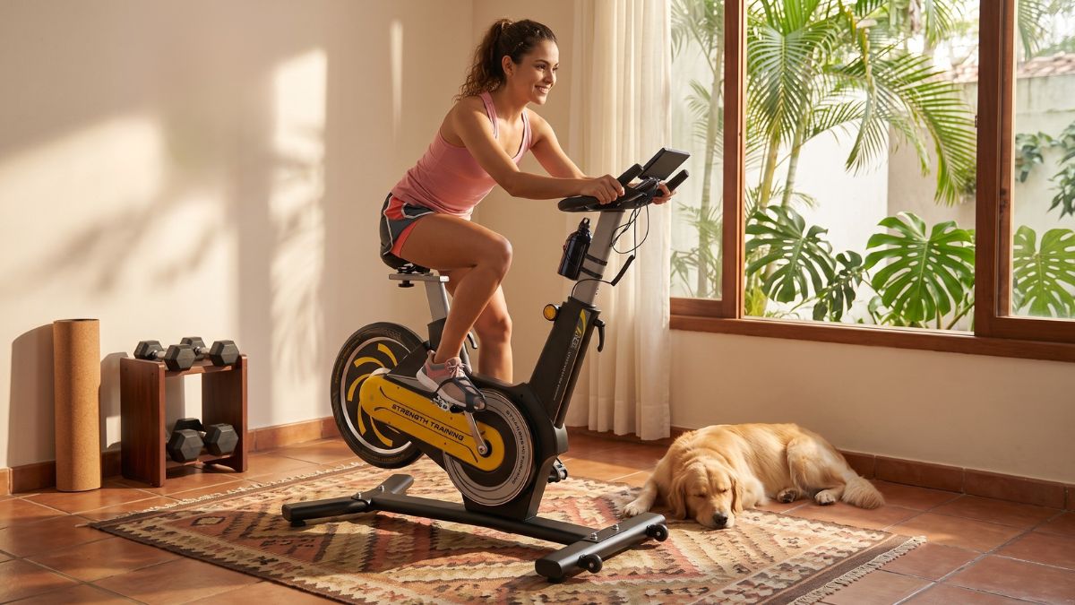 Bicicleta Ergométrica Spinning Magnética ZRSE Amarela em ambiente residencial