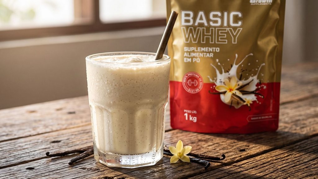 Copo de vidro transparente servindo shake cremoso de Basic Whey baunilha com pedaços de banana ao fundo